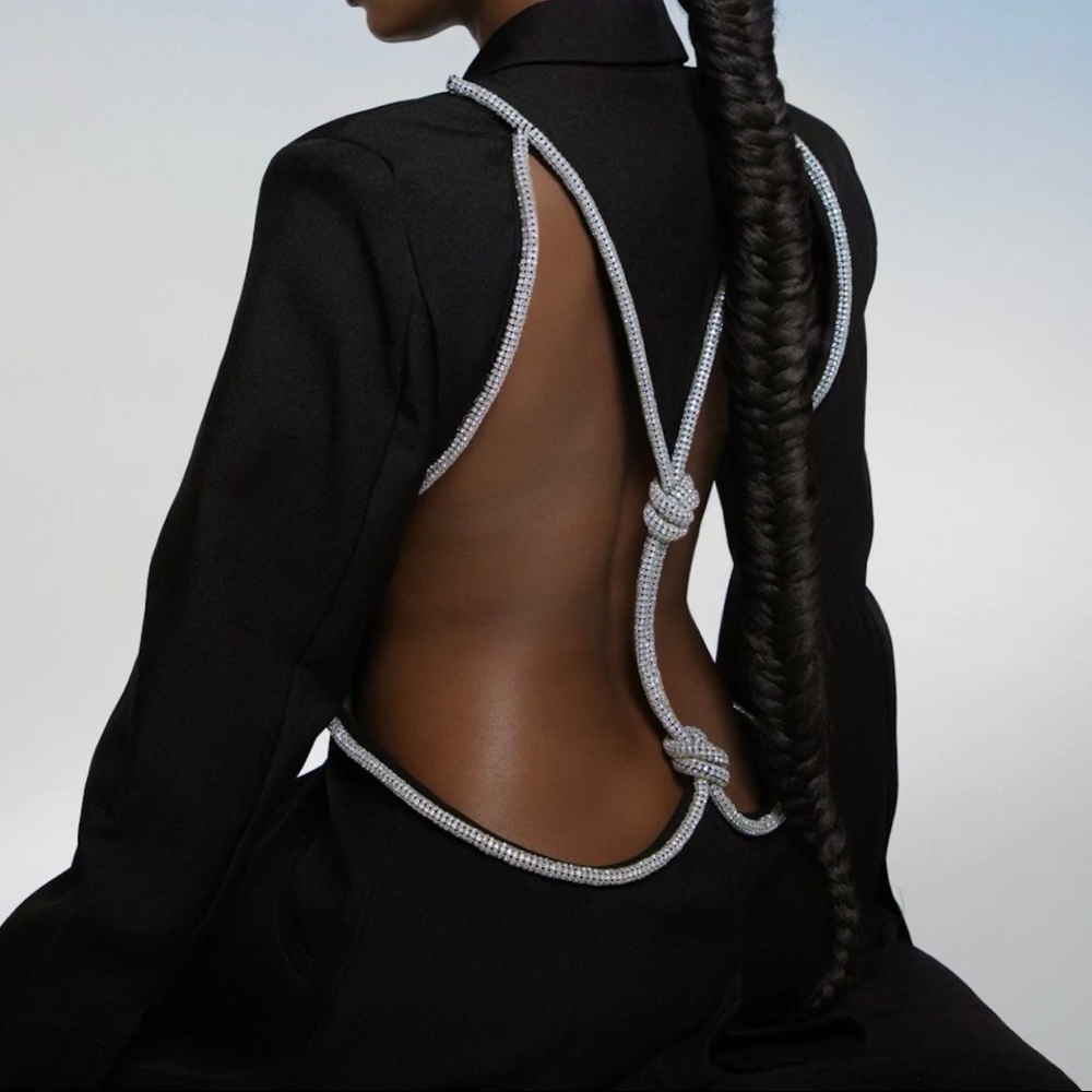 Open back blazer with diamonds in the back